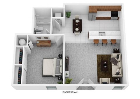 A floor plan of a small apartment with a kitchen, living room, and bedroom.
